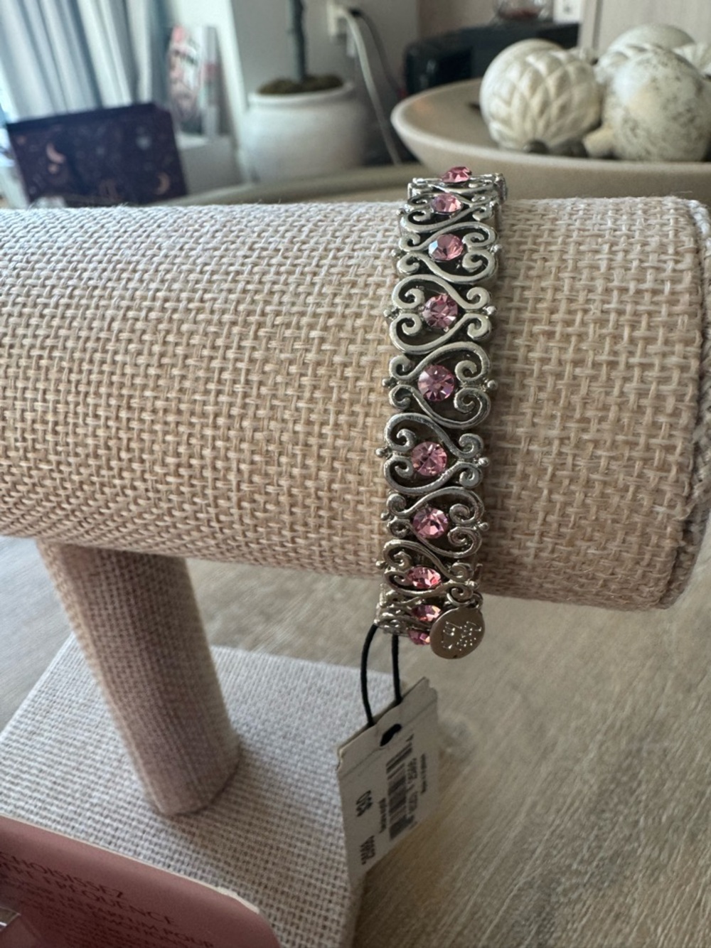 Silver Heart shaped Pattern Bracelet with Pink Stones